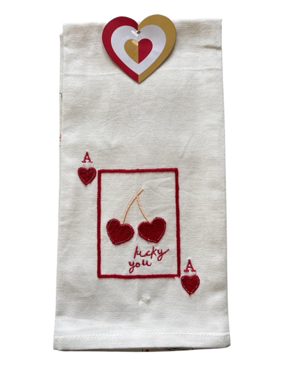 Embroidered Cherry 'Lucky You' Ace of Hearts Kitchen Towels Set of 2 NWT
